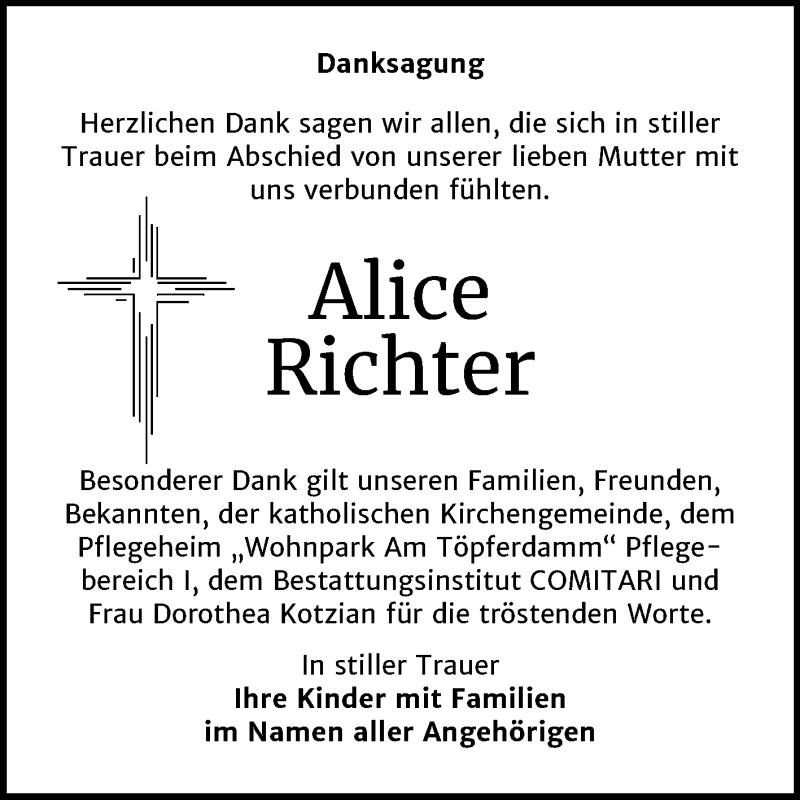  Traueranzeige für Alice Richter vom 25.04.2020 aus Super Sonntag Weißenfels