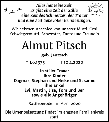 Traueranzeige von Almut Pitsch von Super Sonntag Sangerhausen