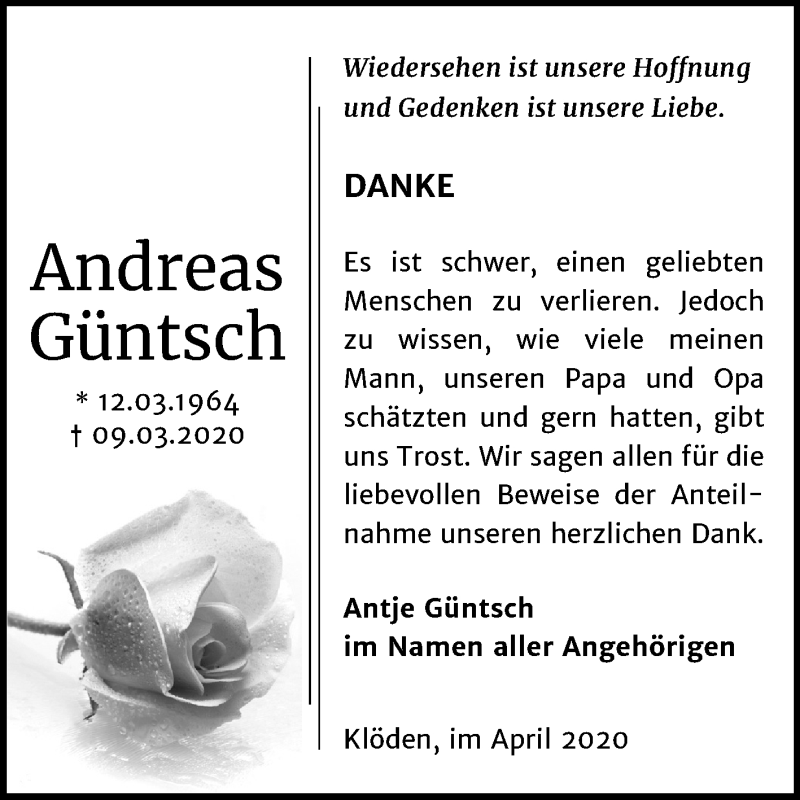  Traueranzeige für Andreas Güntsch vom 18.04.2020 aus Super Sonntag Wittenberg