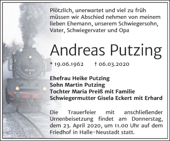 Traueranzeige von Andreas Putzing von Mitteldeutsche Zeitung Halle/Saalkreis