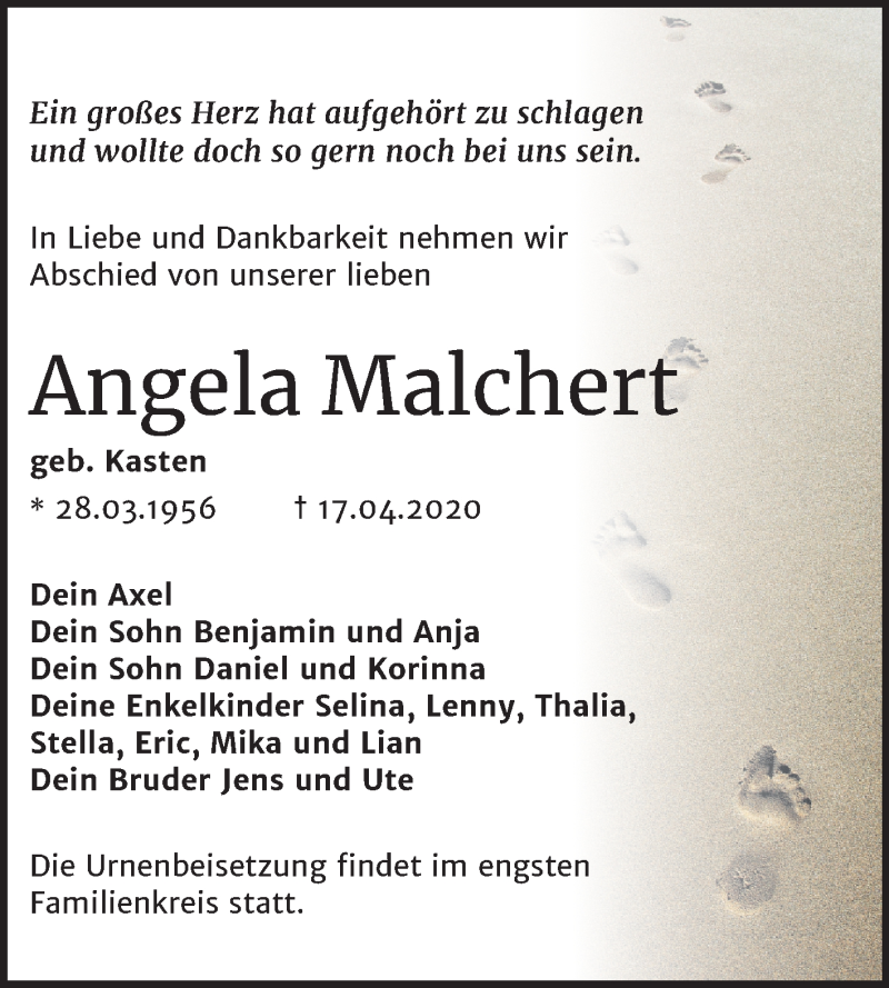  Traueranzeige für Angela Malchert vom 25.04.2020 aus Mitteldeutsche Zeitung Quedlinburg