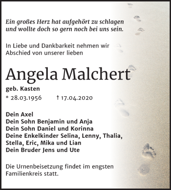 Traueranzeige von Angela Malchert von Mitteldeutsche Zeitung Quedlinburg