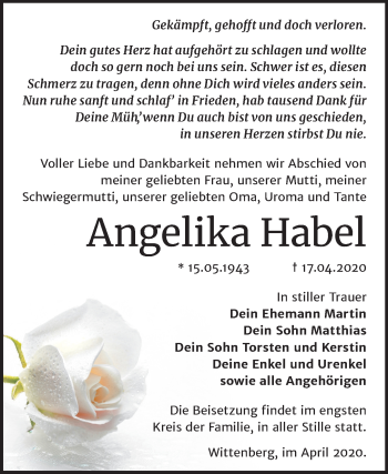 Traueranzeige von Angelika Habel von Super Sonntag Wittenberg