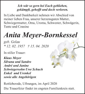 Traueranzeige von Anita Meyer-Bornkessel von Mitteldeutsche Zeitung Sangerhausen
