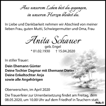 Traueranzeige von Anita Schauer von Mitteldeutsche Zeitung Weißenfels