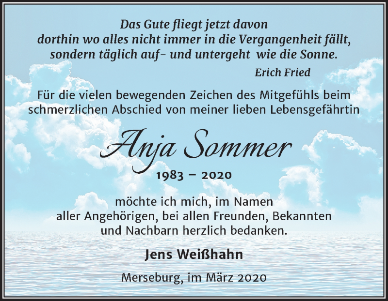  Traueranzeige für Anja Sommer vom 04.04.2020 aus Super Sonntag Merseburg/Querfurt