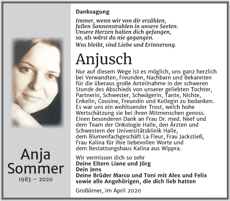  Traueranzeige für Anja Sommer vom 04.04.2020 aus Super Sonntag Mansfelder Land