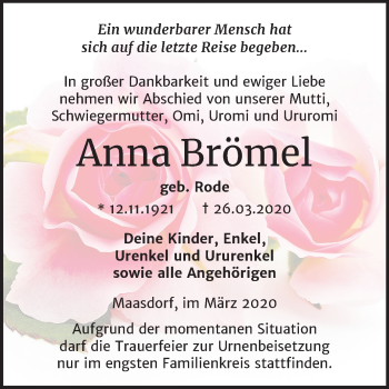 Traueranzeige von Anna Brömel von Super Sonntag Köthen
