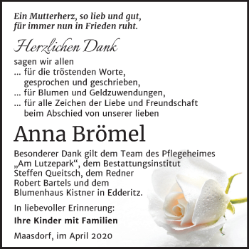 Traueranzeige von Anna Brömel von Super Sonntag Köthen