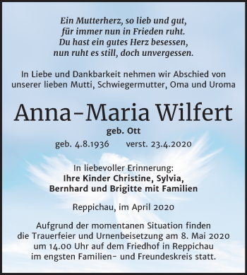 Traueranzeige von Anna-Maria Wilfert von Mitteldeutsche Zeitung Köthen