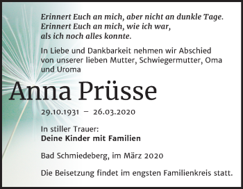 Traueranzeige von Anna Prüsse von Mitteldeutsche Zeitung Wittenberg