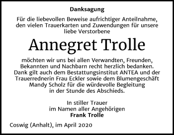 Traueranzeige von Annegret Trolle von Super Sonntag Wittenberg