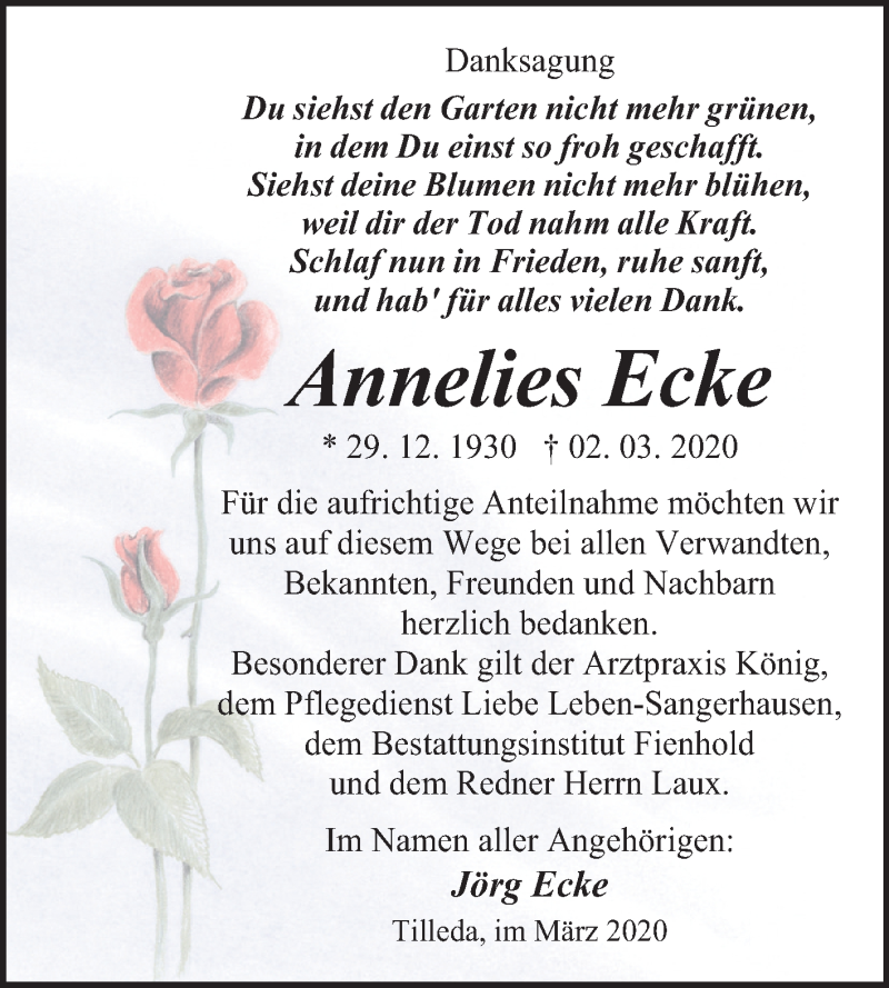  Traueranzeige für Annelies Ecke vom 11.04.2020 aus Super Sonntag Sangerhausen