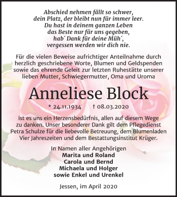 Traueranzeige von Anneliese Block von Mitteldeutsche Zeitung Wittenberg