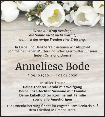 Traueranzeige von Anneliese Bode von Mitteldeutsche Zeitung Bitterfeld