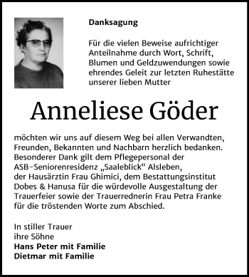 Traueranzeige von Anneliese Göder von Mitteldeutsche Zeitung Bernburg