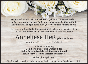 Traueranzeige von Anneliese Heß von Mitteldeutsche Zeitung Köthen