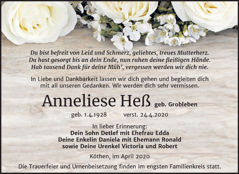  Traueranzeige für Anneliese Heß vom 29.04.2020 aus Mitteldeutsche Zeitung Köthen