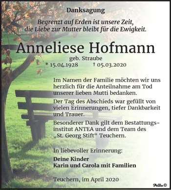 Traueranzeige von Anneliese Hofmann von Mitteldeutsche Zeitung Weißenfels