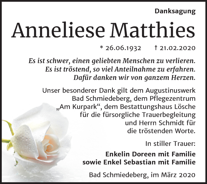 Traueranzeige für Anneliese Matthies vom 11.04.2020 aus Mitteldeutsche Zeitung Wittenberg