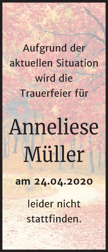 Traueranzeige von Anneliese Müller von Mitteldeutsche Zeitung Dessau-Roßlau