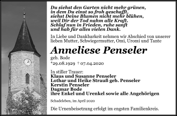 Traueranzeige von Anneliese Penseler von Mitteldeutsche Zeitung Aschersleben