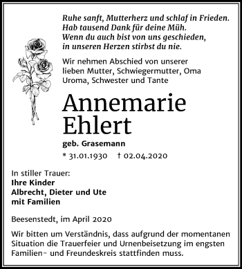 Traueranzeige von Annemarie Ehlert von Mitteldeutsche Zeitung Halle/Saalkreis