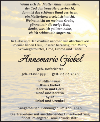 Traueranzeige von Annemarie Giebel von Super Sonntag Sangerhausen