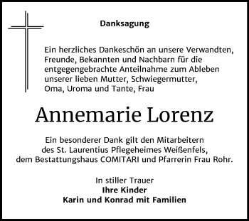 Traueranzeige von Annemarie Lorenz von Super Sonntag Weißenfels