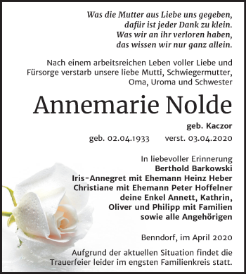 Traueranzeige von Annemarie Nolde von Super Sonntag Mansfelder Land