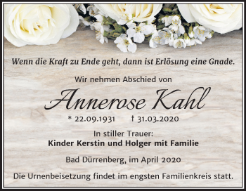 Traueranzeige von Annerose Kahl von Mitteldeutsche Zeitung Merseburg/Querfurt