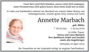 Traueranzeige von Annette Marbach von Super Sonntag Mansfelder Land