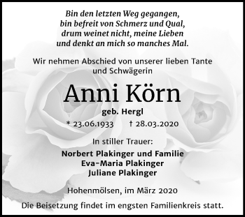Traueranzeige von Anni Körn von Mitteldeutsche Zeitung Weißenfels