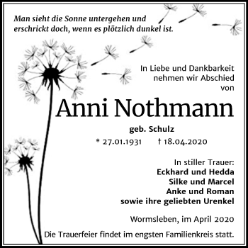 Traueranzeige von Anni Nothmann von Mitteldeutsche Zeitung Mansfelder Land