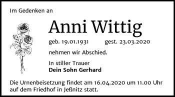 Traueranzeige von Anni Wittig von Mitteldeutsche Zeitung Bitterfeld