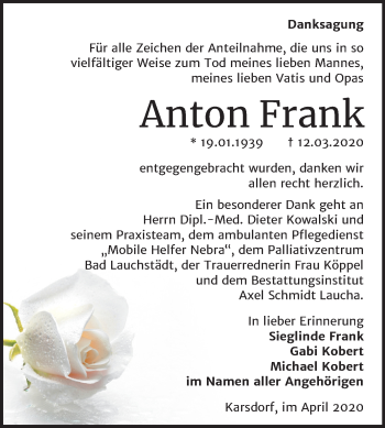 Traueranzeige von Anton Frank von Super Sonntag Naumburg/Nebra