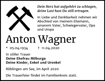 Traueranzeige von Anton Wagner von Mitteldeutsche Zeitung Mansfelder Land