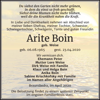 Traueranzeige von Arite Boin von Mitteldeutsche Zeitung Merseburg/Querfurt