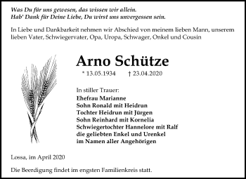 Traueranzeige von Arno Schütze von Mitteldeutsche Zeitung Naumburg/Nebra