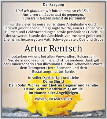 Traueranzeige von Artur Rentsch von Mitteldeutsche Zeitung Merseburg/Querfurt