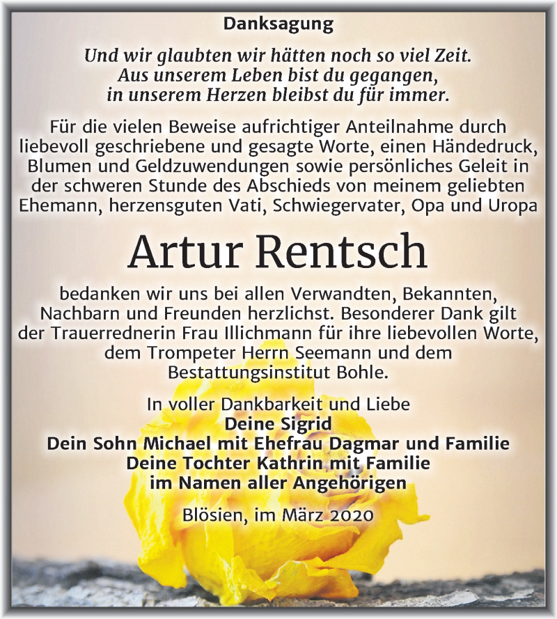  Traueranzeige für Artur Rentsch vom 18.04.2020 aus Super Sonntag Merseburg/Querfurt