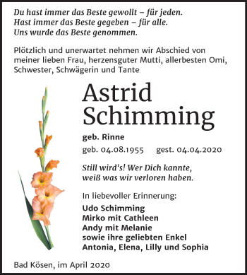 Traueranzeige von Astrid Schimming von Super Sonntag Naumburg/Nebra