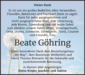 Traueranzeige von Beate Göhring von Mitteldeutsche Zeitung Weißenfels
