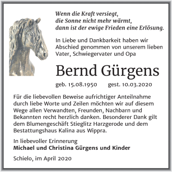 Traueranzeige von Bernd Gürgens von Super Sonntag Quedlinburg