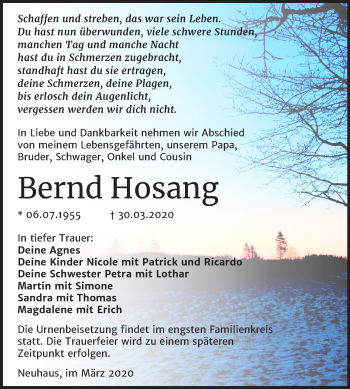 Traueranzeige von Bernd Hosang von Mitteldeutsche Zeitung Sangerhausen