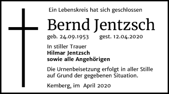 Traueranzeige von Bernd Jentzsch von Super Sonntag Wittenberg