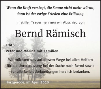 Traueranzeige von Bernd Rämisch von Mitteldeutsche Zeitung Quedlinburg