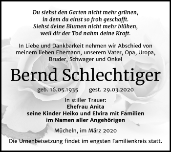 Traueranzeige von Bernd Schlechtiger von Super Sonntag Merseburg/Querfurt