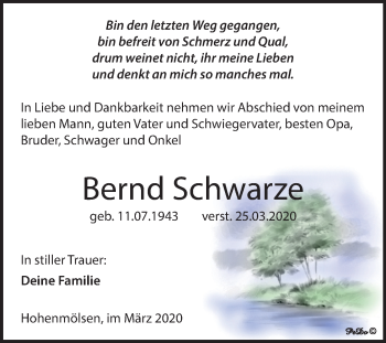 Traueranzeige von Bernd Schwarze von Super Sonntag Weißenfels
