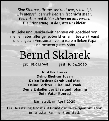 Traueranzeige von Bernd Sklarek von Mitteldeutsche Zeitung Merseburg/Querfurt
